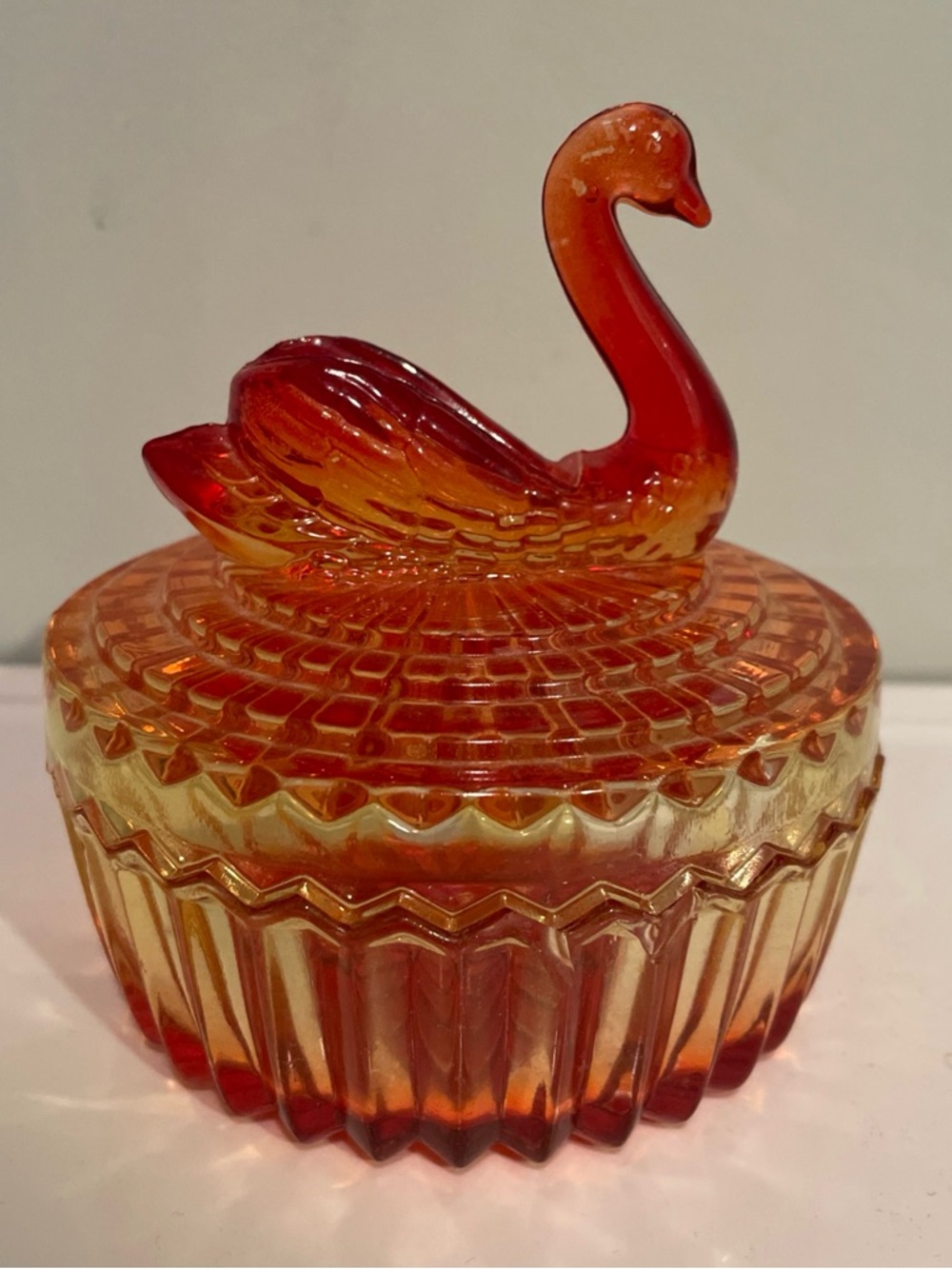 Jeannette Amberina Glass Swan trinket Jar &  Vanity Dish Vintage